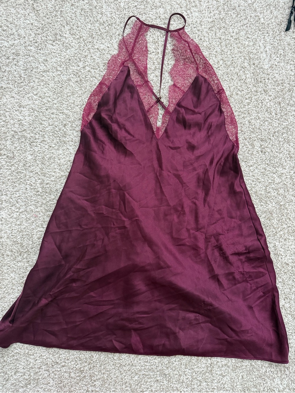 Victoria's Secret Vintage Style Plum Satin Lace Trim Backless Chemise Slip
